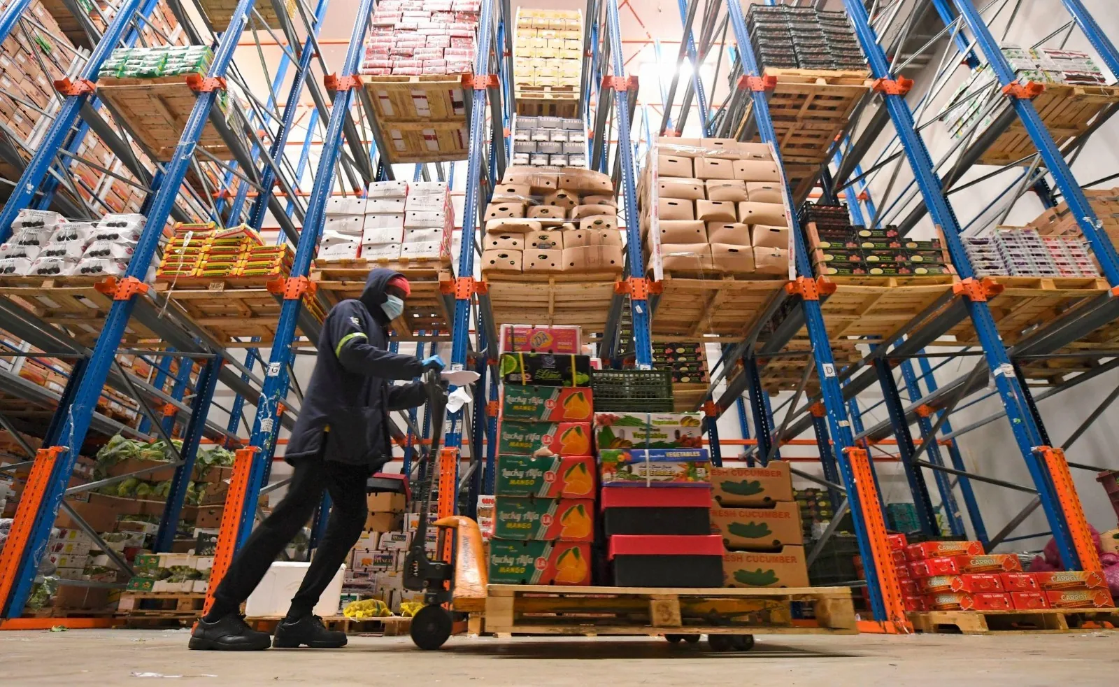 Worker handling a pallet of fresh produce in a cold storage warehouse