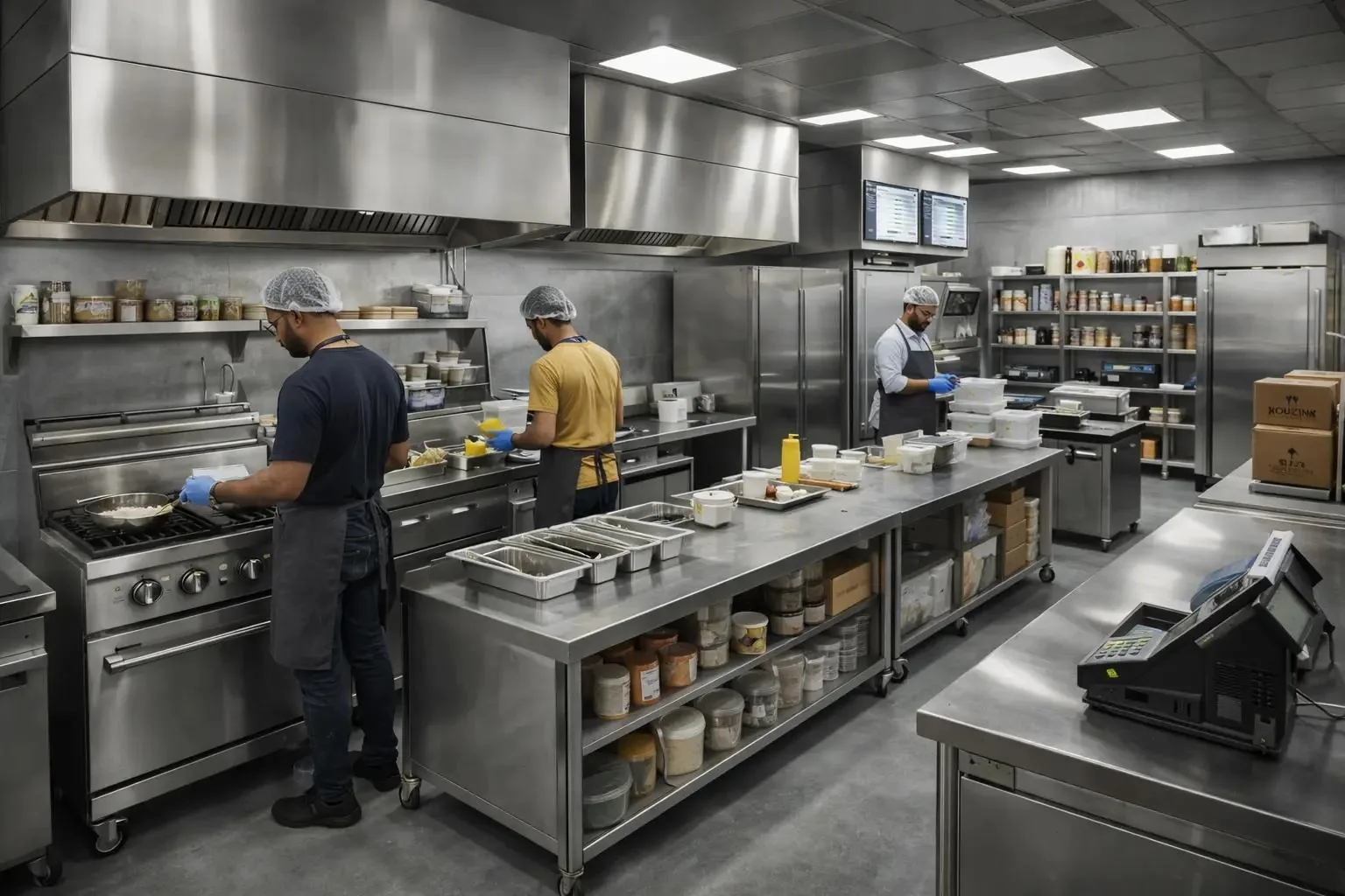 Staff working at prep stations in a large commercial kitchen