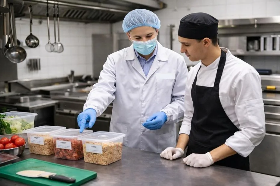 Consultant advising a chef on labelled food storage in a professional kitchen