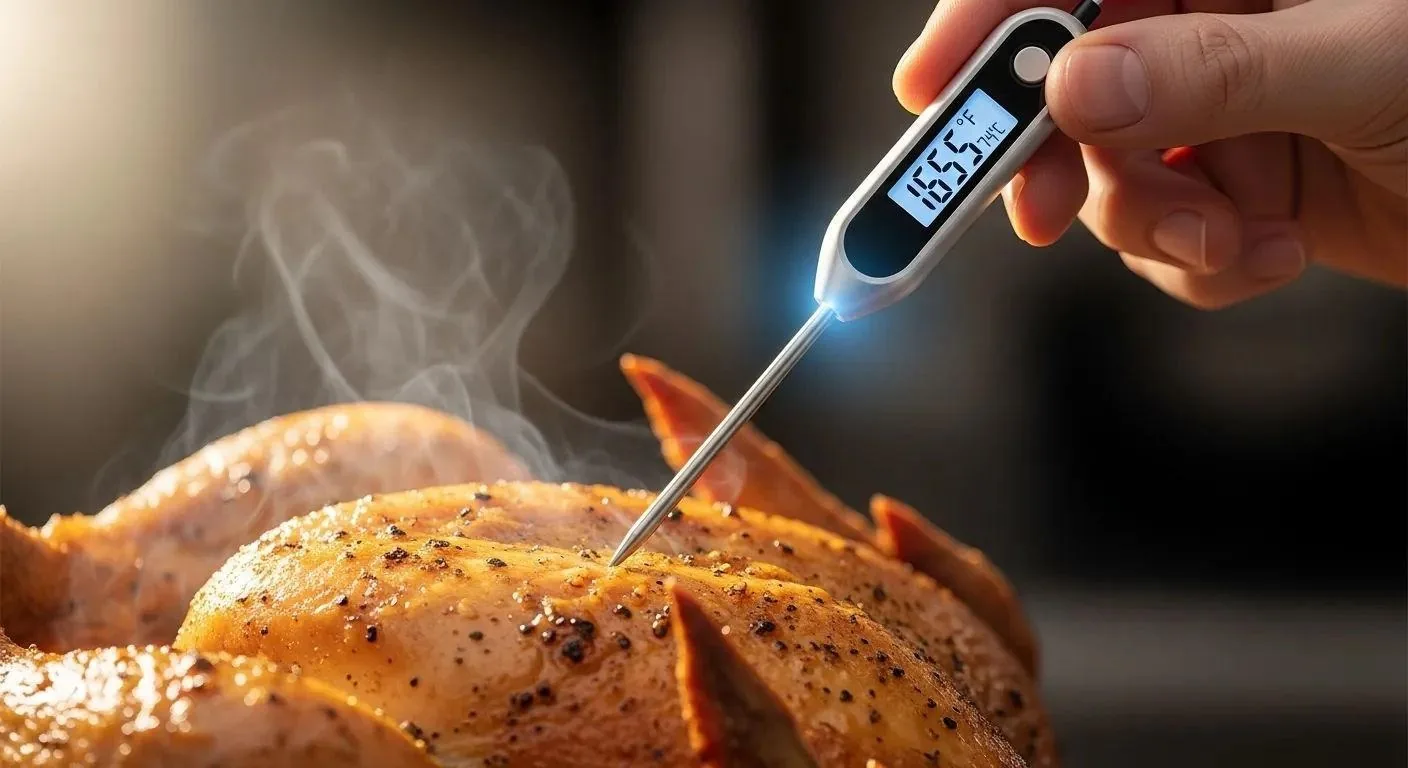 Checking core cooking temperature of food with a digital probe thermometer