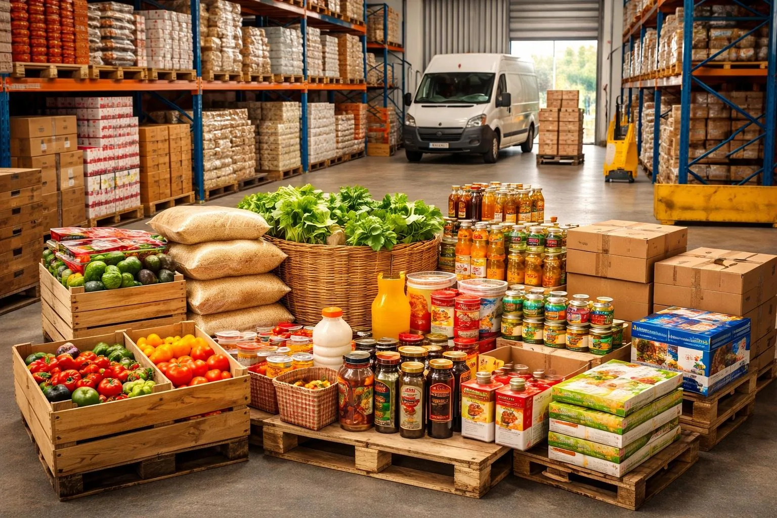 Assorted food products staged for distribution in a Dubai warehouse