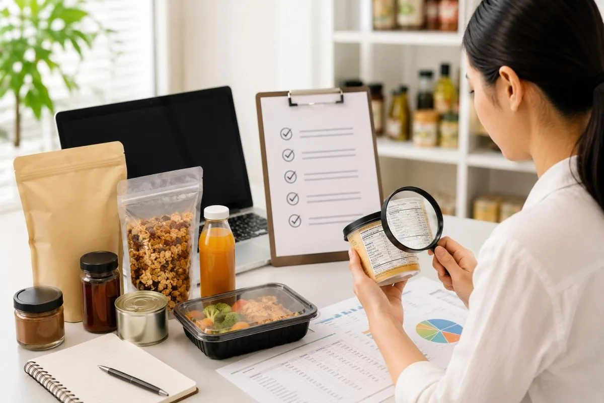 Consultant reviewing a food product label with a magnifying glass before submission