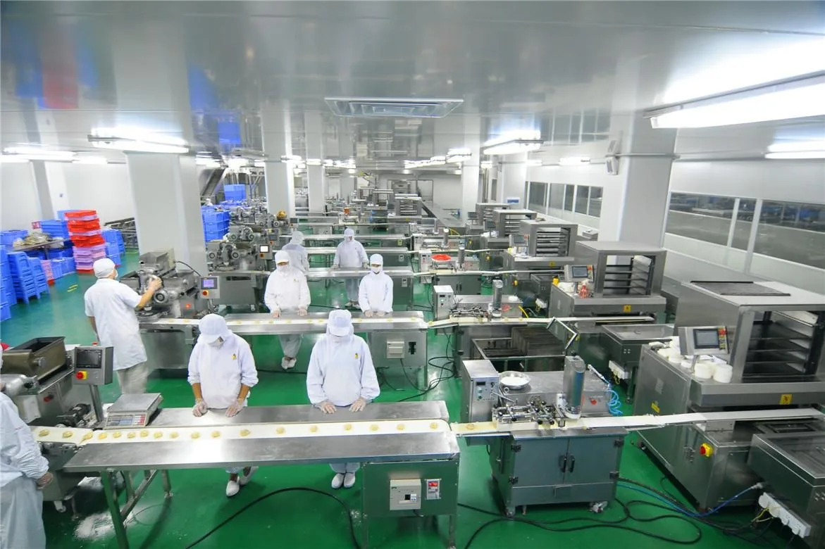 Workers in cleanroom gowns on a hygienic supplement production line