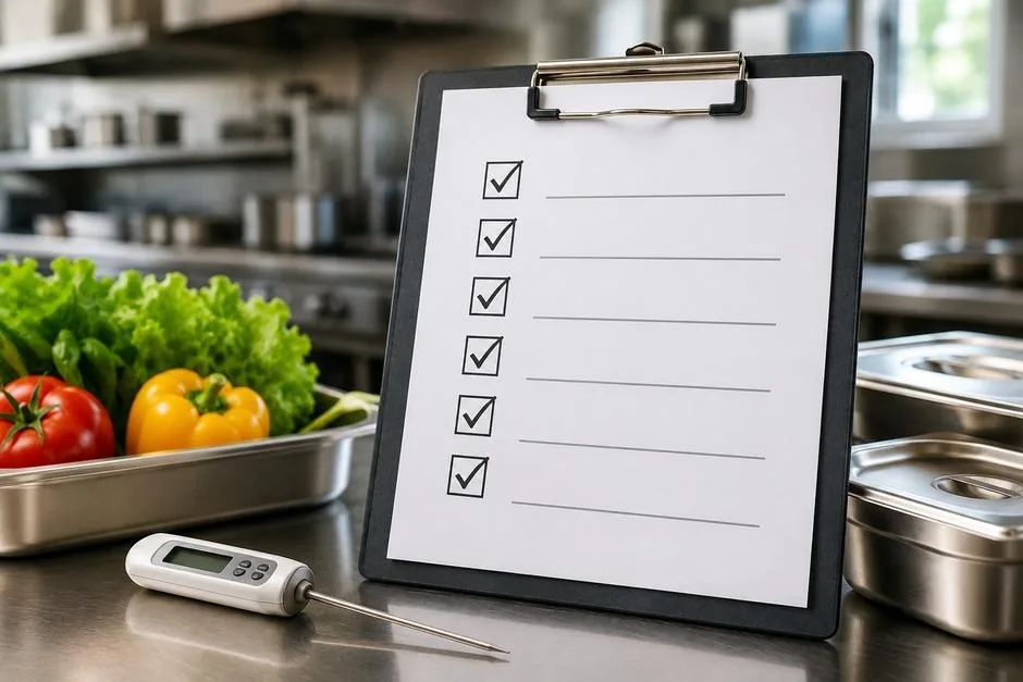 Completed food safety checklist on a kitchen counter with a probe thermometer