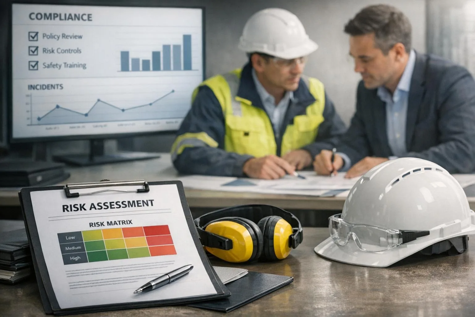 Health and safety consultants reviewing a risk assessment and compliance dashboard