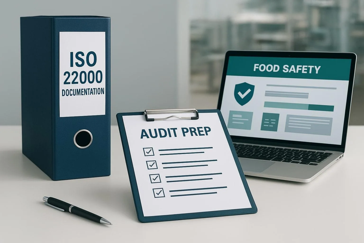 ISO 22000 documentation and audit preparation checklist on a desk