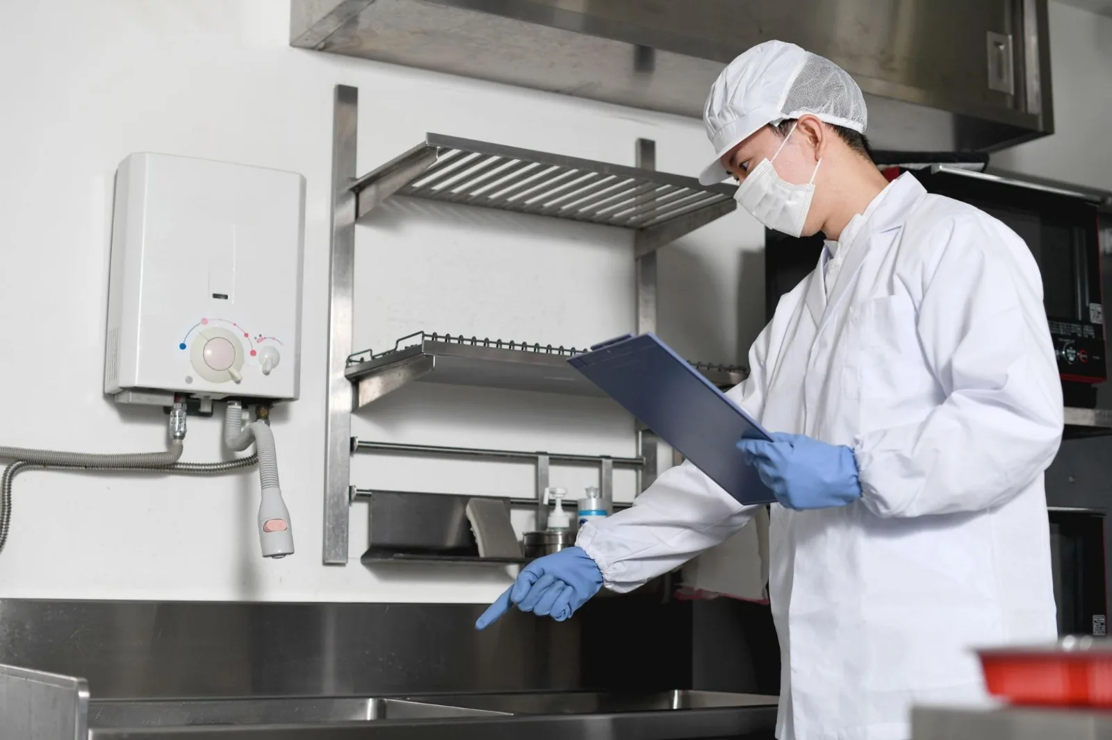 Food safety consultant carrying out a hygiene inspection in a commercial kitchen