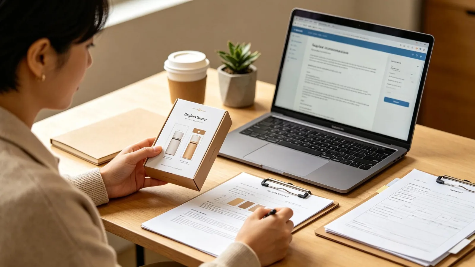 Consultant completing a product registration application at a desk