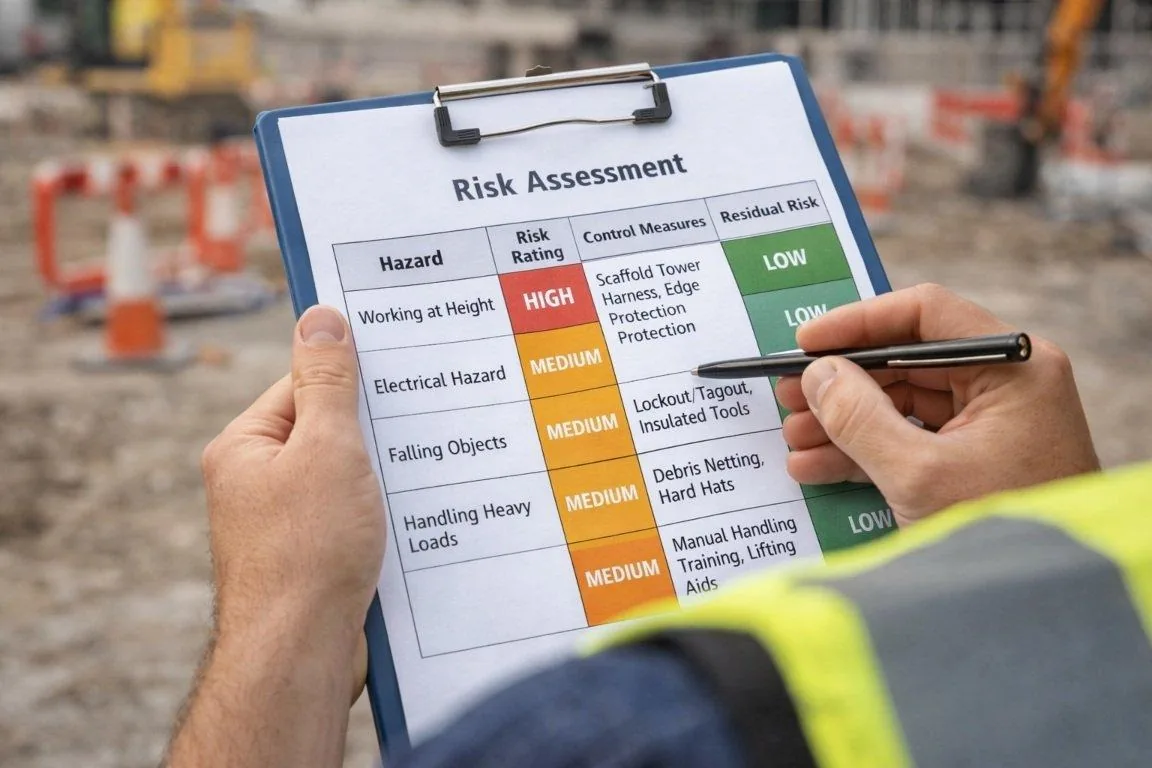 Completed risk assessment matrix listing hazards and control measures on site