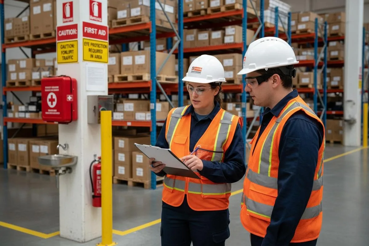 Health and safety walkthrough with first aid and fire safety points in a warehouse